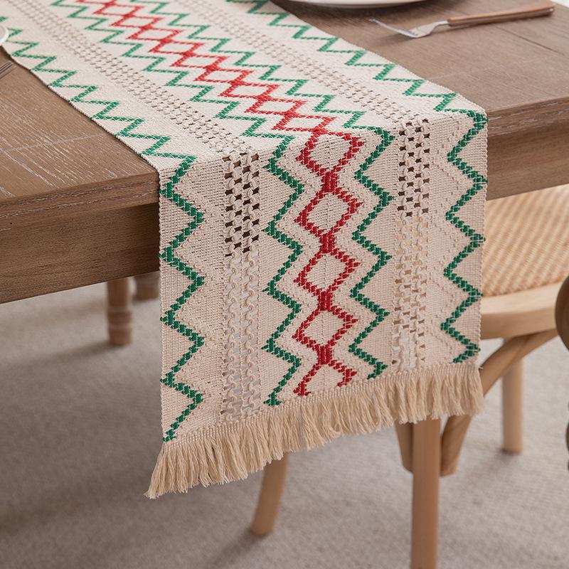 American Cotton Linen Table Runner, Natural Color with Tassels, Stripes, Diamonds, and Plaid Pattern for Dining Table or Sideboard Decoration.