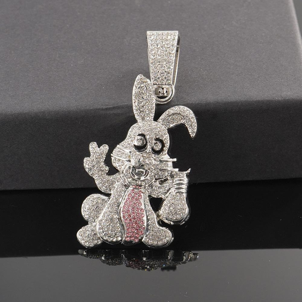 Hip-hop style personality diamond-encrusted dripping oil cartoon rabbit pendant Cuban chain necklace hipster wear fashion necklace accessories