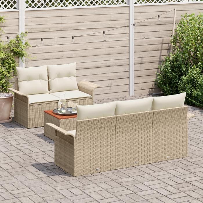 VidaXL Ensemble de Canapé de Jardin 6 Pièces avec Coussins Beige Poly Rotin Acacia 3347267