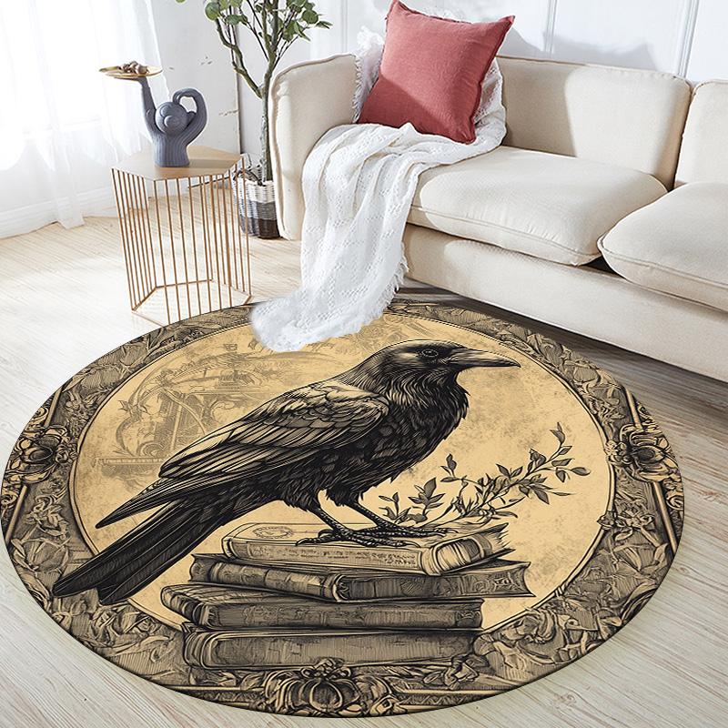 Vintage Border Crow,Round Area Rug,Carpet Rug for Living Room Bedroom Sofa Playroom Decor,Non-slip Floor Mat