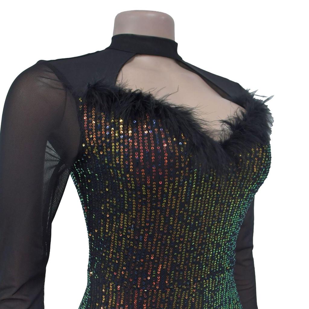 C7055 European & American Sequin Deep V Long Sleeve Mini Dress - Women's Fashion