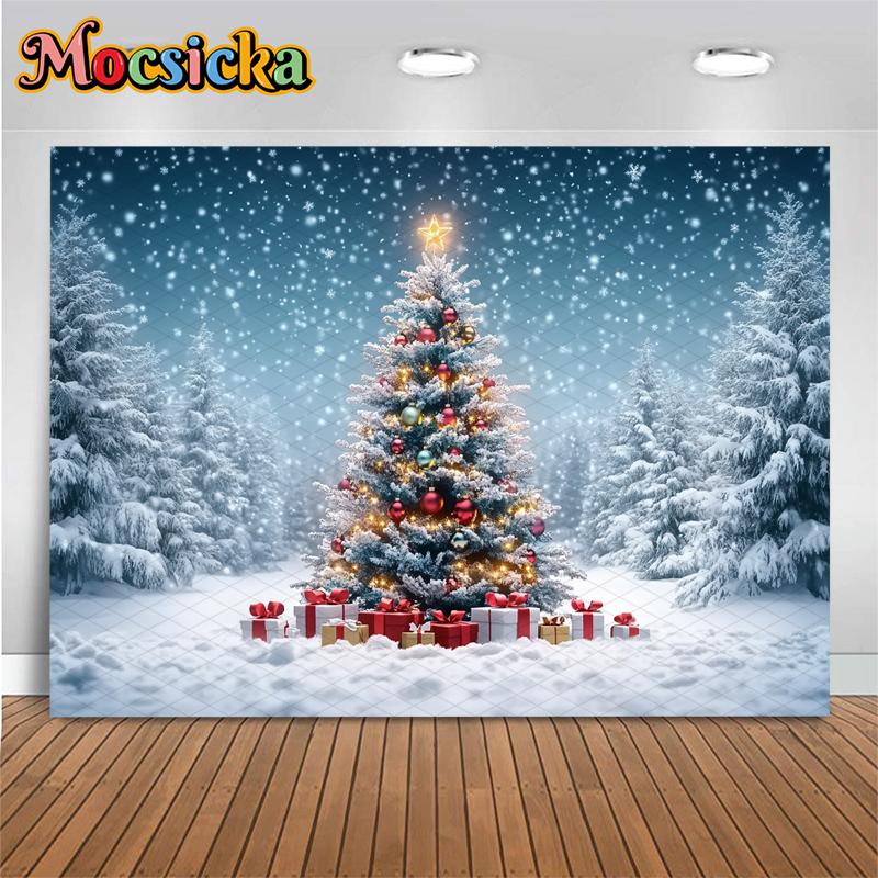 Mocsicka Big Christmas Background Winter Snow Forest Xmas Tree Decors Happy New Year Party Child Portrait Photo Backdrops Banner