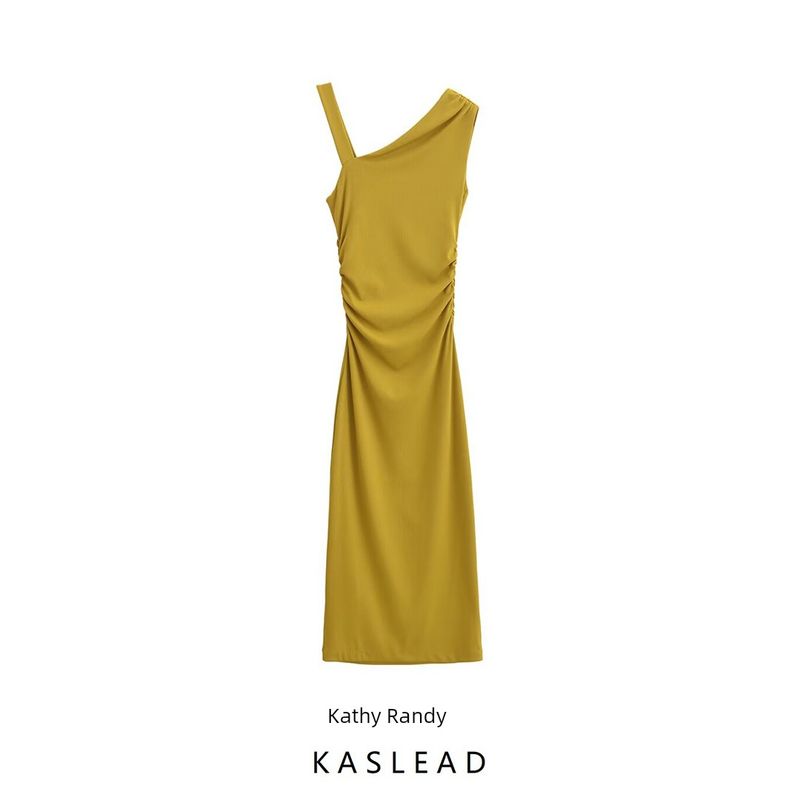Kaslead New Arrival Women's Clothing Fashion Style Fashion Ruched Asymmetric Minimalist Midi Skirt Dress 3641008