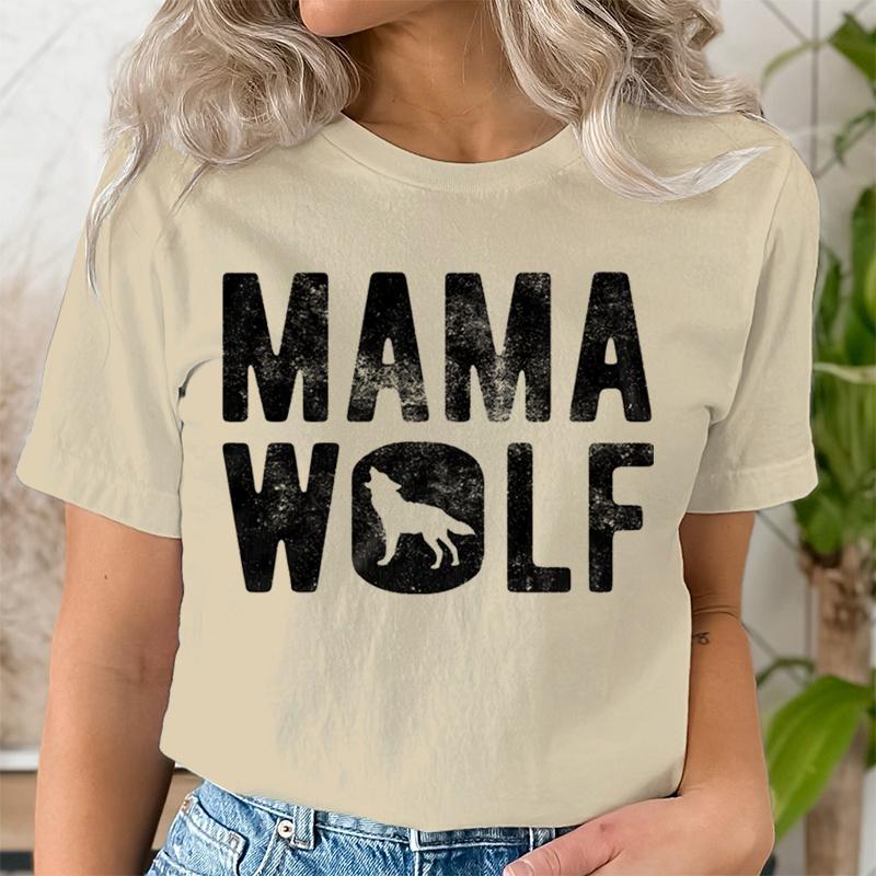 Mama Wolf Print T Shirt for Women Kawaii Graphic Shirts Casual Short Sleeved Black Vintage Female Tee O-neck Harajuku T-shirts