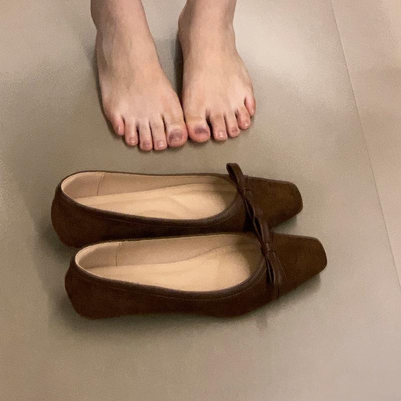 2025 autumn new square head bow low heel single shoes women's one-pedal light mouth laden shoes commuting versatile Doudou shoes
