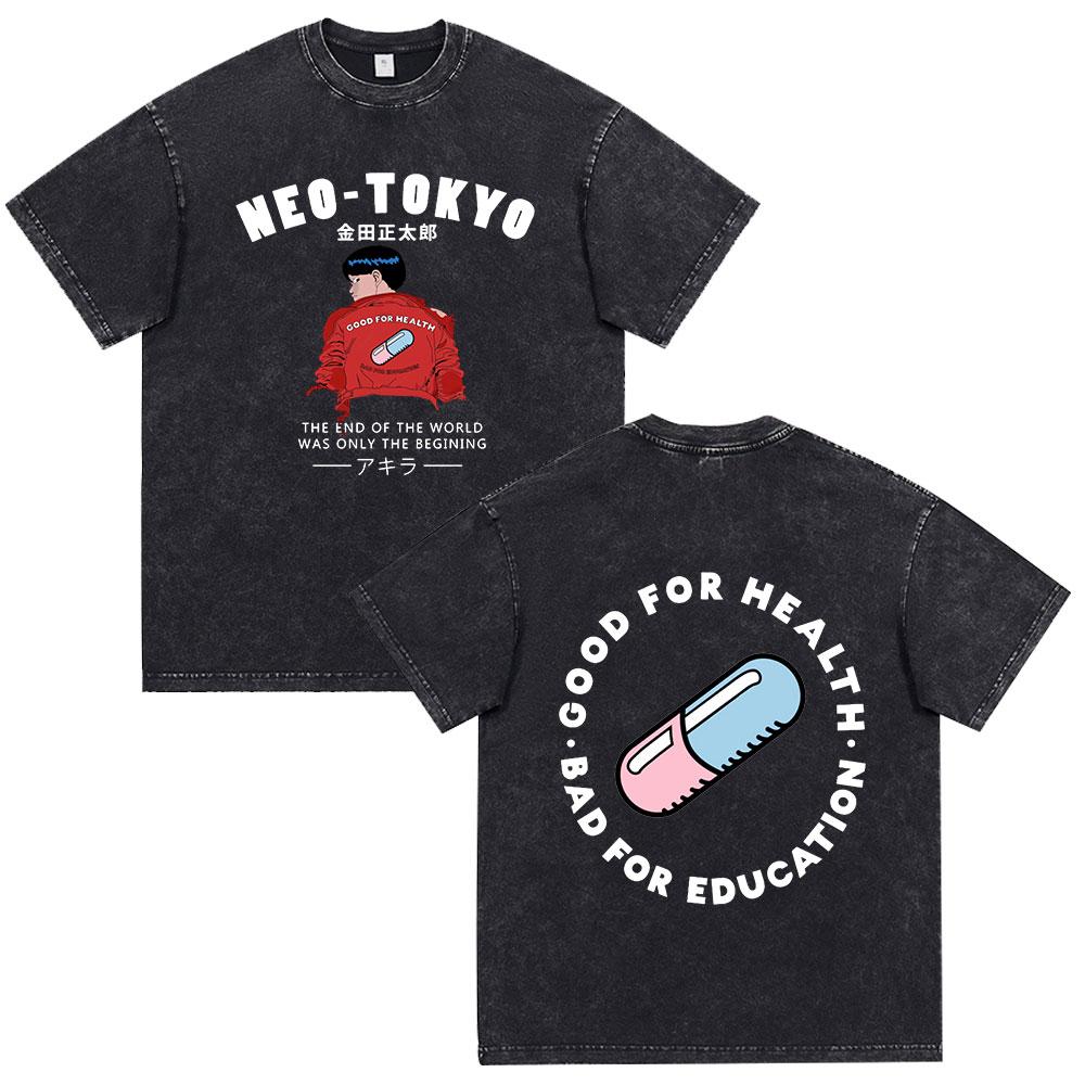 Anime Akira Vintage Washed T Shirt 90s Science Fiction Movie Shotaro Kaneda Short Sleeve T Shirts Cotton Casual Loose T-shirts