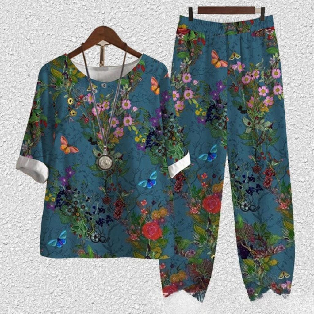 Women's Loose Fit Floral Printed Two Piece Outfit Half Sleeve T-Shirt Elastic Waist Pantsuit