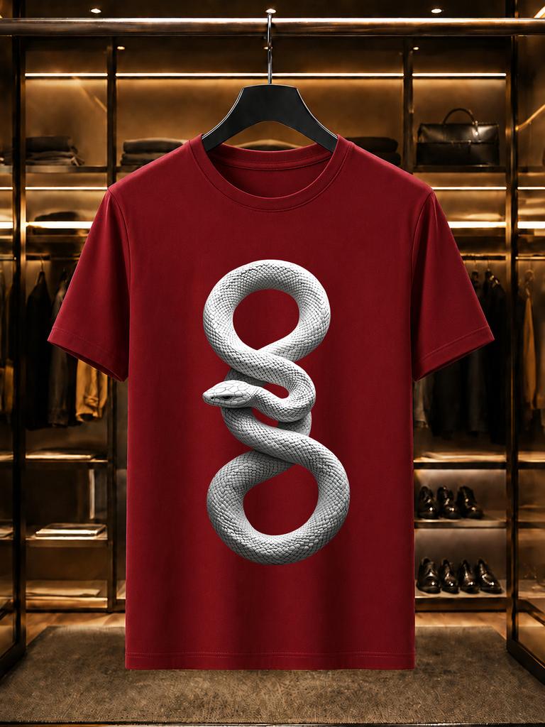 2026 New Arrival 100 Cotton Tshirt 3d Stereo Coiled White Snake Print Dark Style Crew Neck Casual Short Sleeve