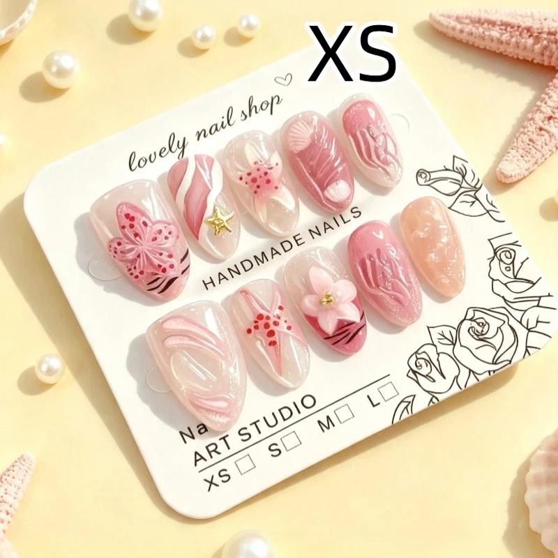 10Pcs Pink Press On Fake Nails 3D Ocean Themed Starfish Shell Design with Strong Glue for Women Girls Daily Use