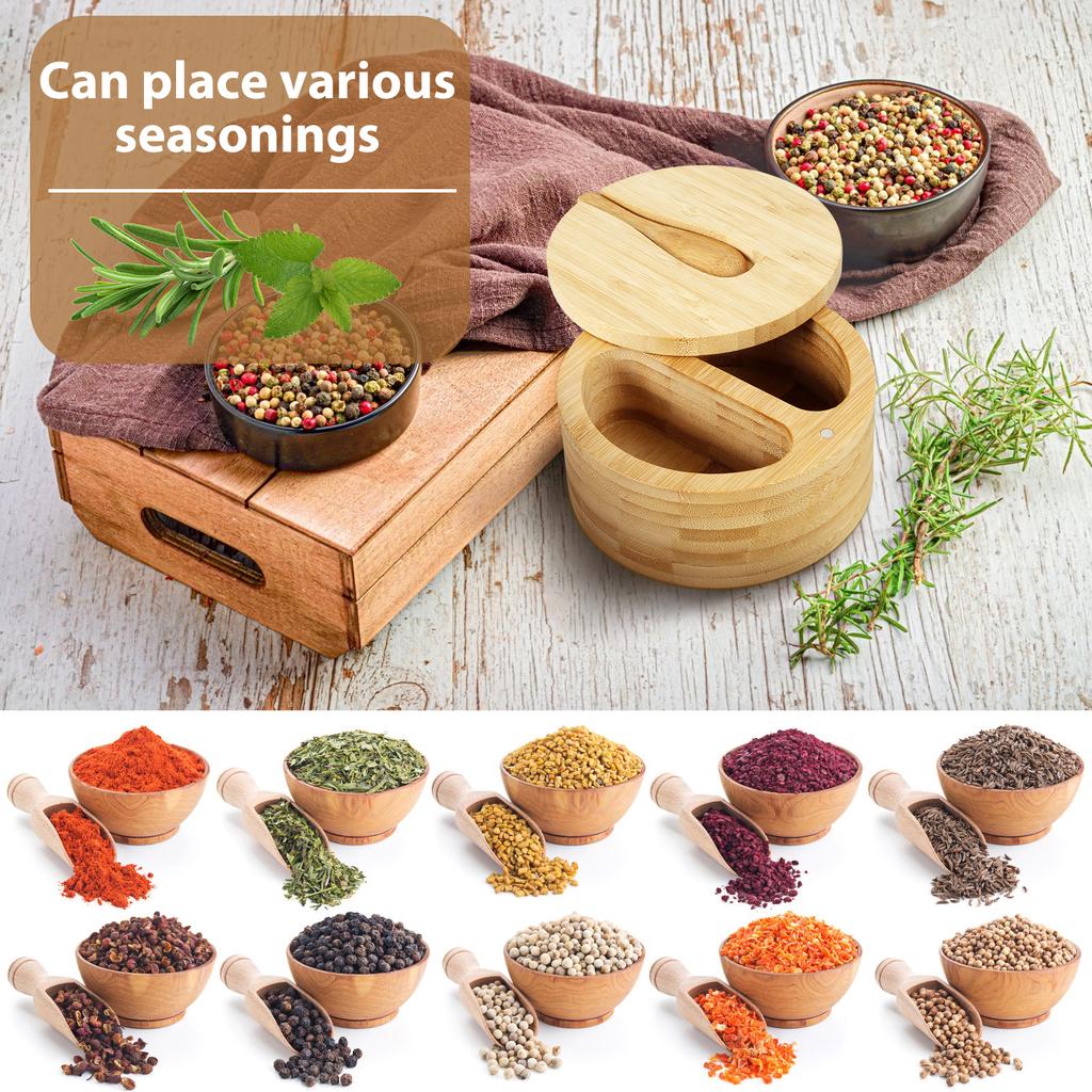 Salt and Pepper Bowls Bamboo Pepper Salt Box with Lid 2 Compartments Storage Box Multipurpose Seasoning Container for Spice