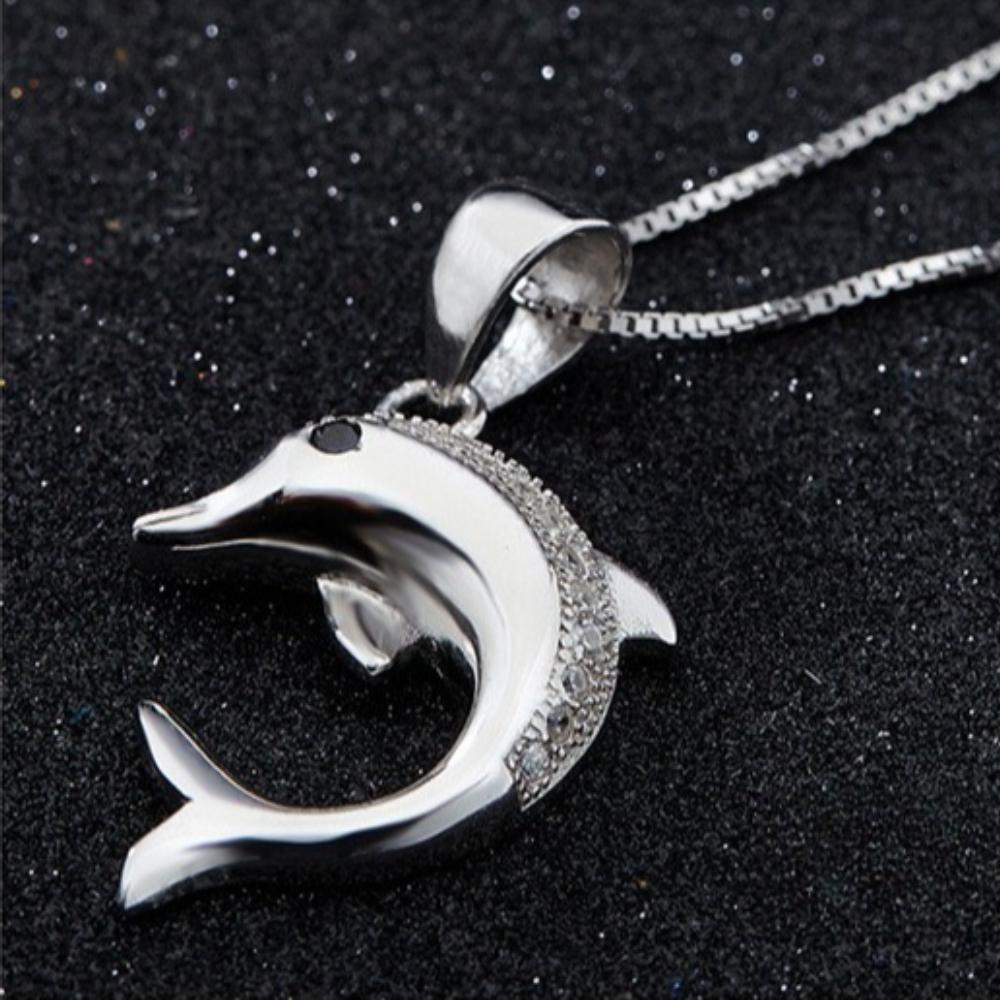 925 Sterling Silver Temperament Cute Dolphin Zircon Pendant Necklace, Birthday Party Anniversary Gift, Ladies Jewelry