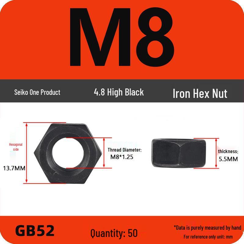 Black Galvanized Nickel-Plated Iron Hex Nut Screw Cap, GB Grades 4.8/8.8/12.9, Sizes M4/M5/M6/M8