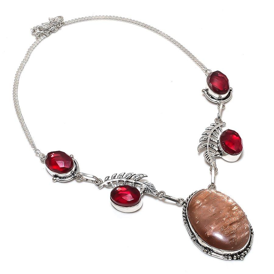 Natural Sunstone, Garnet Gemstone 925 Sterling Silver Jewelry Necklace 18" Q8C85