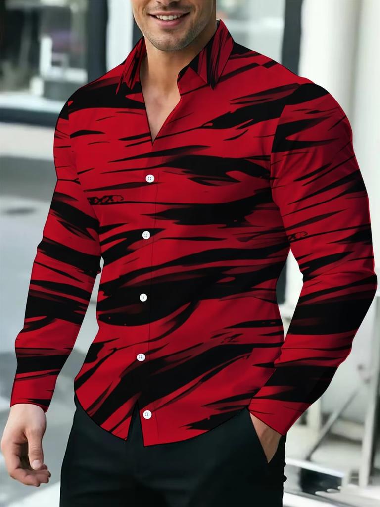 Retro Mondrian Geometric Patchwork Printed Men's Long Sleeved Shirt Slim Fit Business Casual Art Style Shirt