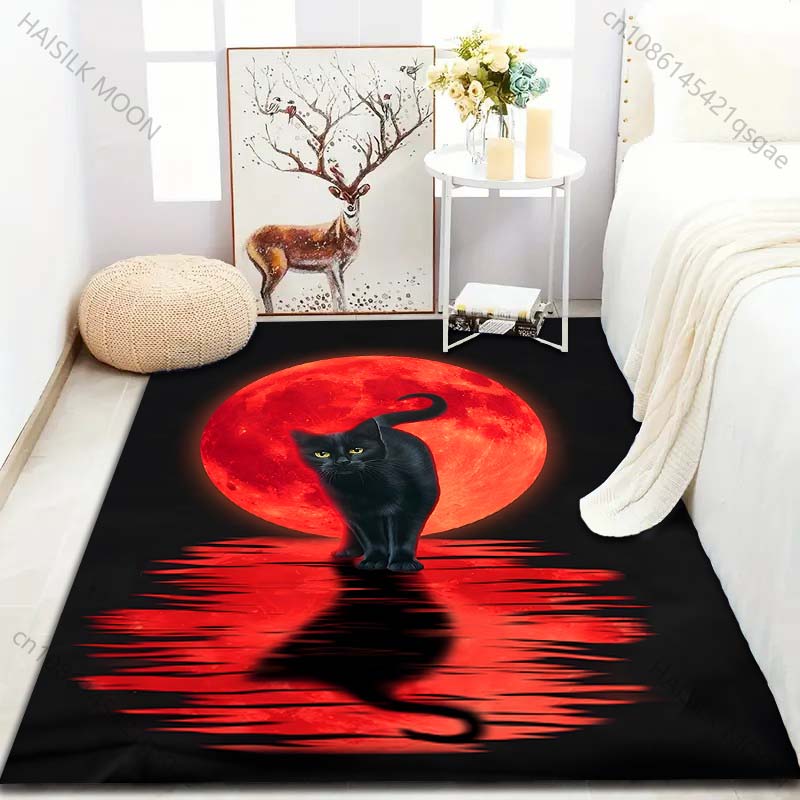 Multiple sizes Black cat red moon reflection Carpet for Living Room Bedroom Sofa Home Decor Rus Non-slip Floor Mat Luxury Gift