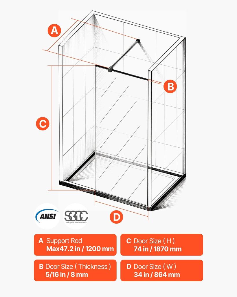 Fixed Glass Shower Panel, 864 x 1870 mm Full-Framed Fixed Shower Screen, 8 mm Thick Clear Tempered Glass Door with Bottom Seal Strip and Hardware,