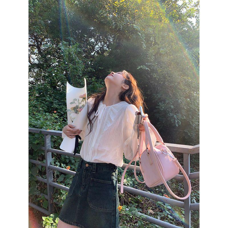 

Xinhelp Homemade Early Autumn Coat Sweet Simple Long Sleeves Shirt Women s Wooden Ear Bows Tied Shirt White M