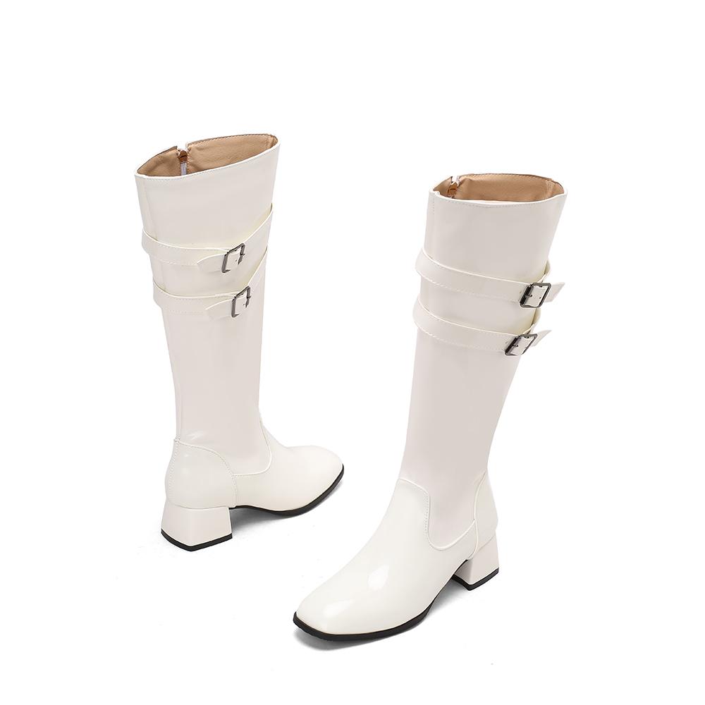 Red Black Women Knee High Boots Round Toe Mid Chunky Heels Small Big Size 32 46