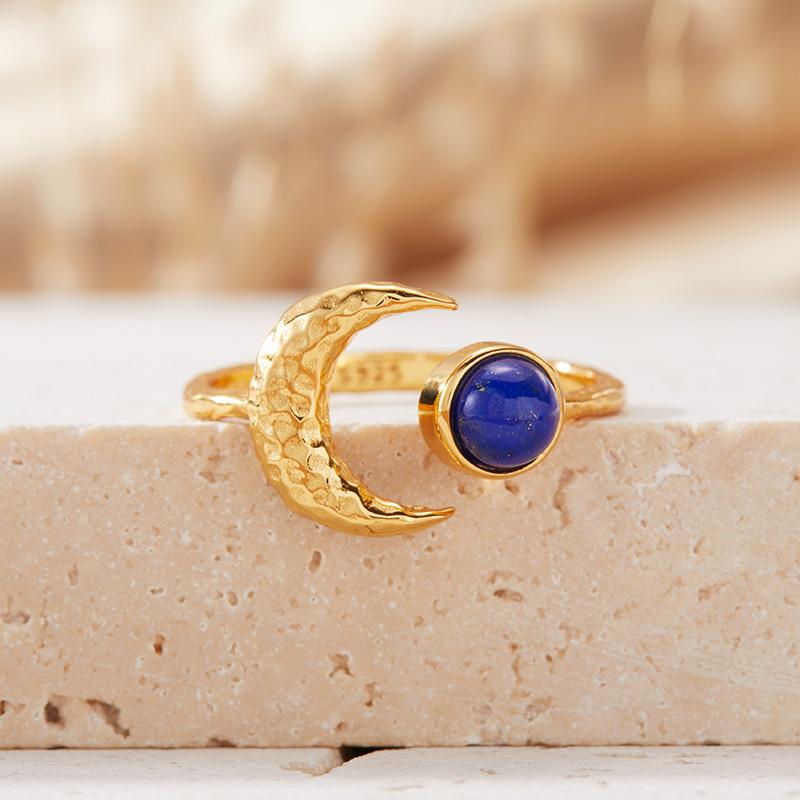 

Natural Gemstone Jasper Blue Gold Nanhong Sea Pattern Stone Opal Colored Treasure Ring Women S S925 Sterling Silver Moon-Shaped Index Finger Ring