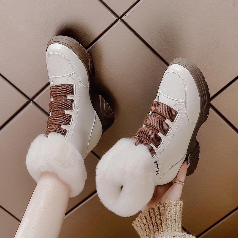 Real rabbit fur medium tube snow boots women's winter warm cotton boots thick-soled casual Velcro women's boots