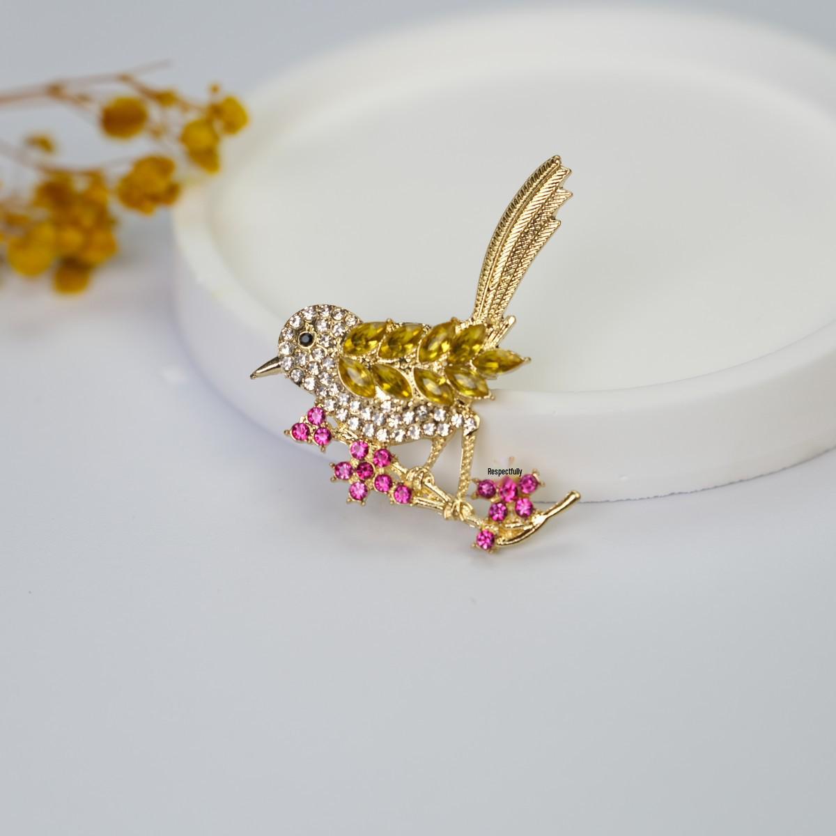 Elegant Japanese Magpie Brooch: Joyful Bird with Rhinestone Crystal on Branch, Anti-exposure Pin