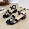 Crystal flower sweet thick heel middle heel with sandals summer new simple Korean version leak toe sandals women