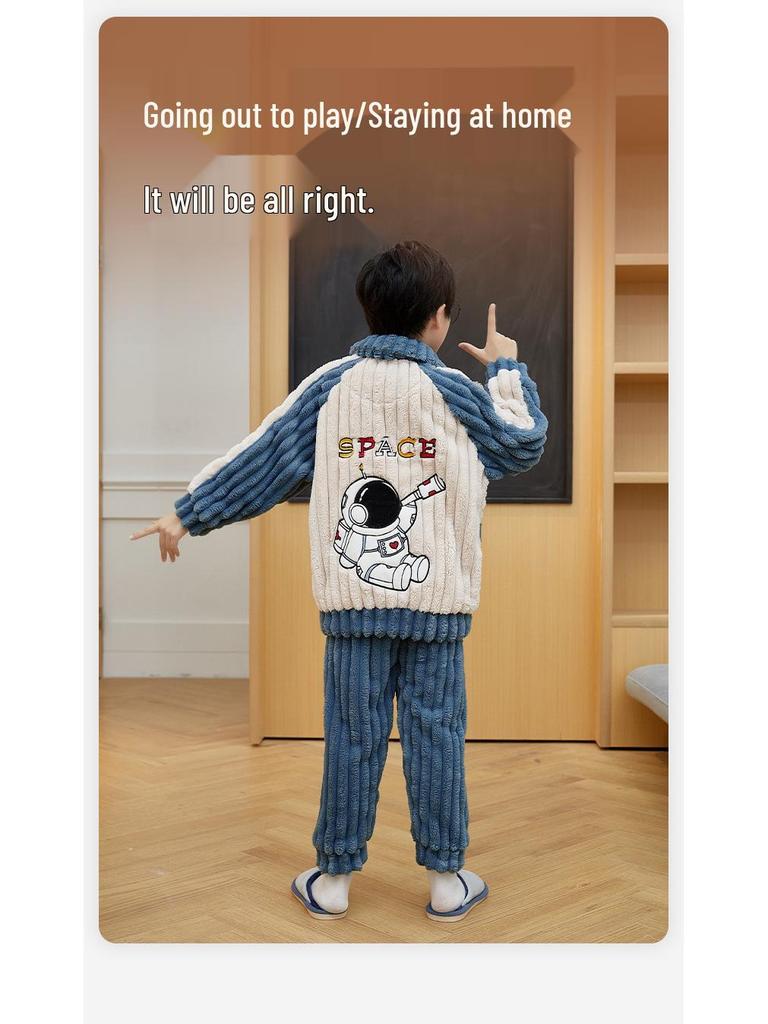 Cute Cartoon Boys' Coral Fleece Pajamas - Cozy Winter Flannel Sleepwear for Kids