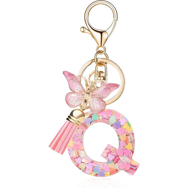 English Alphabet Letter Tassels Keychain Pink Butterfly Pendant Key Chain Women Car Key Ring Bag Jewelry Simple Letter Name Gift
