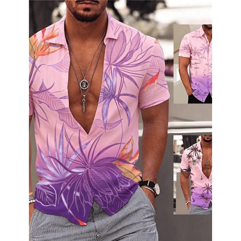 Men's Gradient Tropical Palm Leaf Print Short Sleeve Shirt, Casual Hawaiian Button Up Shirt for Spring Summer