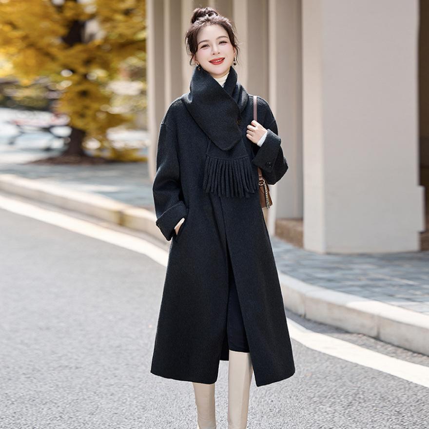 Autumn and Winter New Fashion Fringed Scarf Double-sided Wool Coat Women's Long Temperament Wool Coat