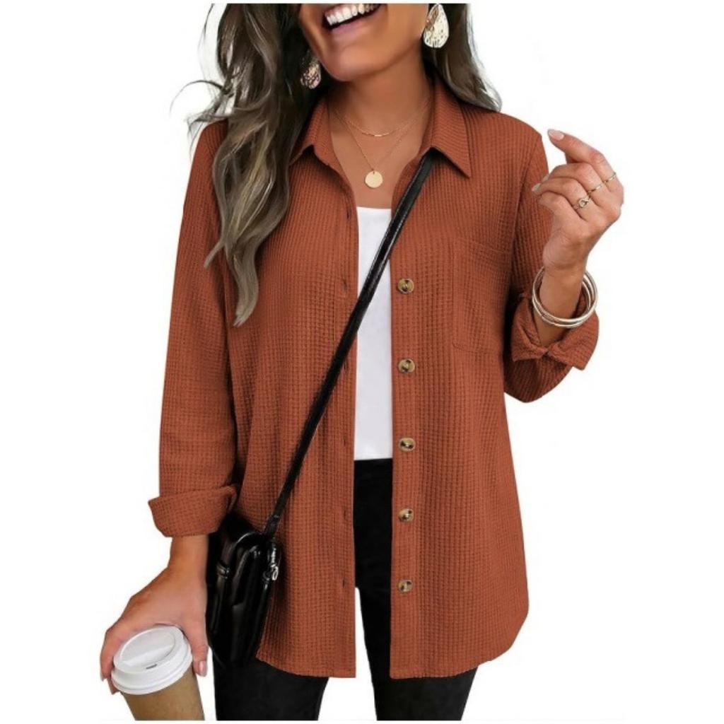 Fall New Arrival Waffle Texture Button Cardigan, European American Style Simple Versatile Casual Long Sleeve Shirt