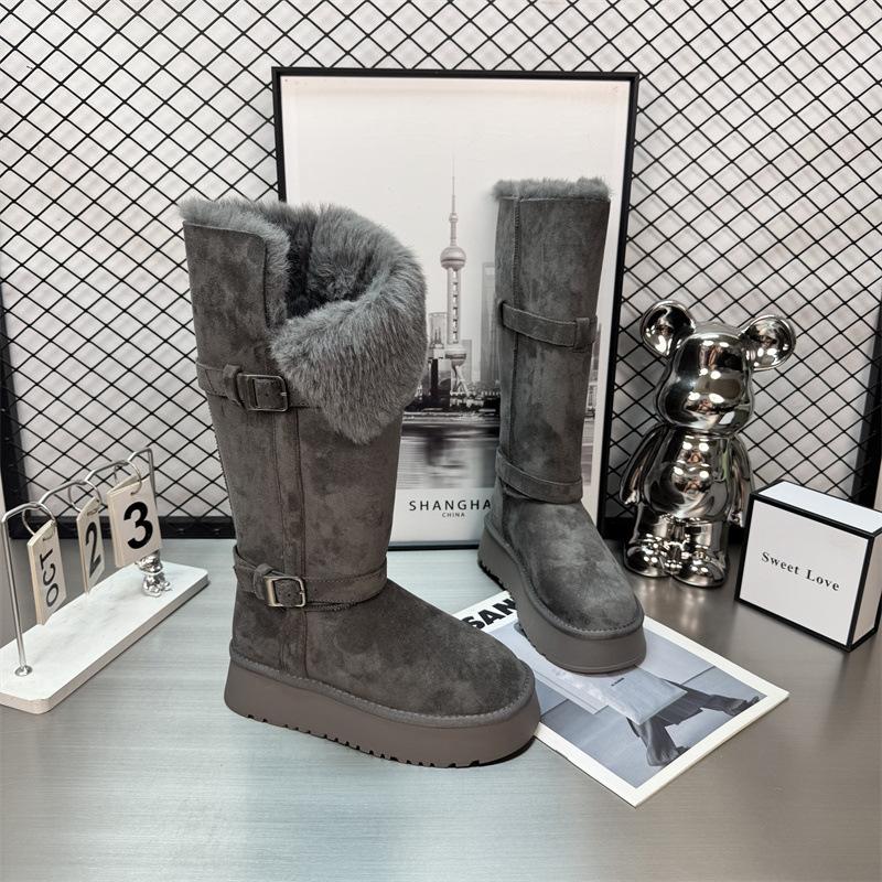 thick-soled gray long-tube snow boots for women, winter velvet and thickened thermal cotton shoes.