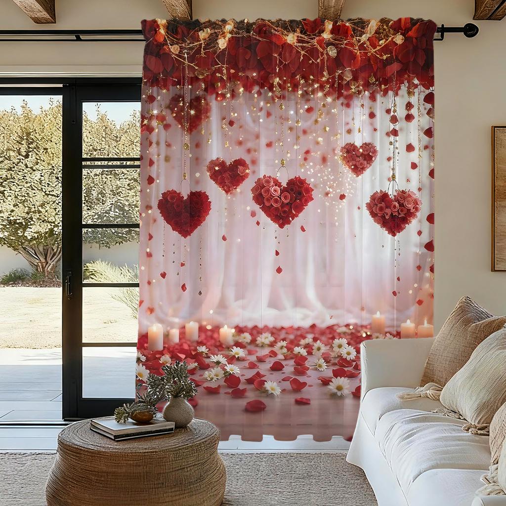 Valentine Day Decorative Curtain Heart Rose Flower Holiday Decoration Design Lightweight Breathable Semi Transparent Polyester Material Suitable