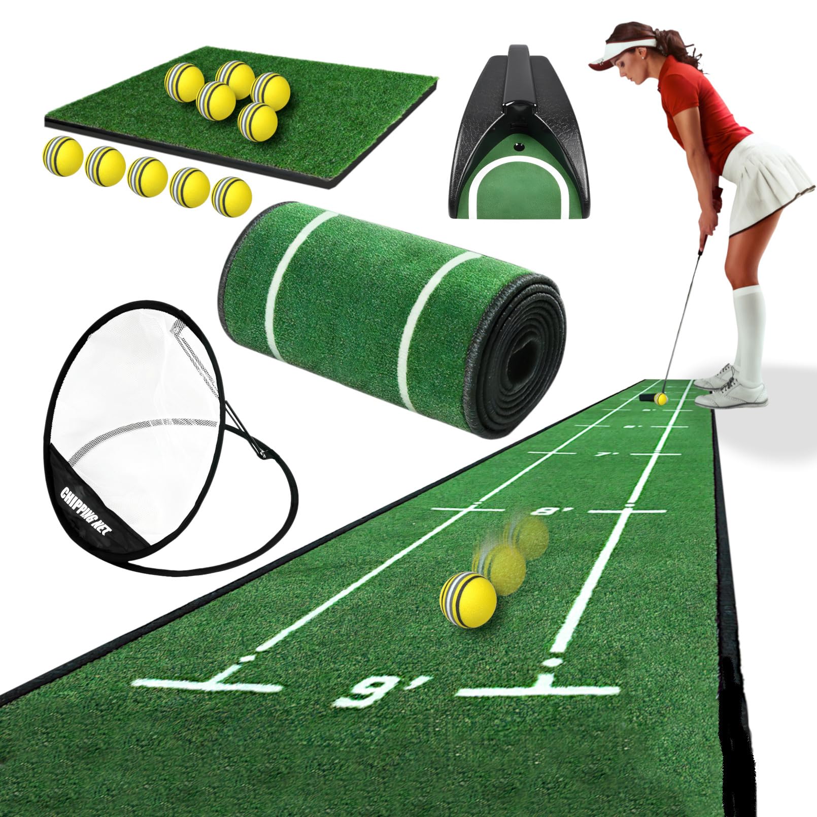 

heizi Putter Mat 14 Piece Set Approach Practice Putter Practice Mat Golf Net Return [Includes Net] (Automatic Cup)