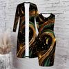 Women Plus Size Black Printed Two Piece Set Long Sleeve Open Front Cardigan Sleeveless Bodycon Dress