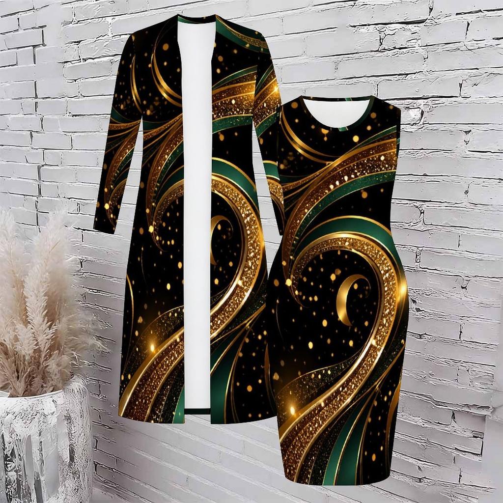 Women Plus Size Black Printed Two Piece Set Long Sleeve Open Front Cardigan Sleeveless Bodycon Dress