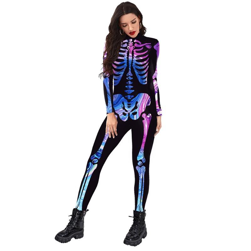 

Halloween colorful human skeleton print carnival cosplay male and female one-piece costumes S