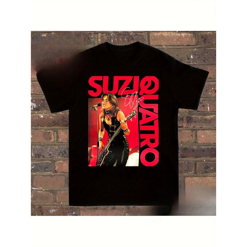 Suzi Quatro Signed Graphic Tee - Vibrant Red Rock Design, Classic Black Soft Unisex Shirt, Regular Fit, Hand Wash Only, Apparel for Music Lovers At