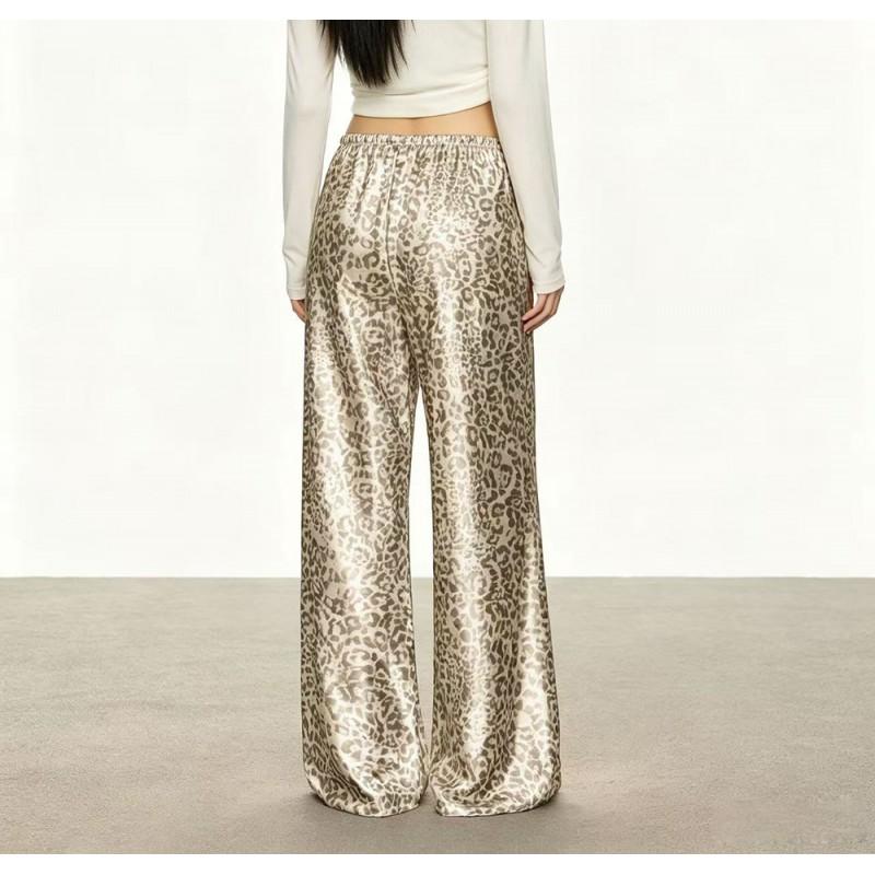 Womens Leopard Print Wide Leg Pants Loose Straight Trousers Casual Comfortable