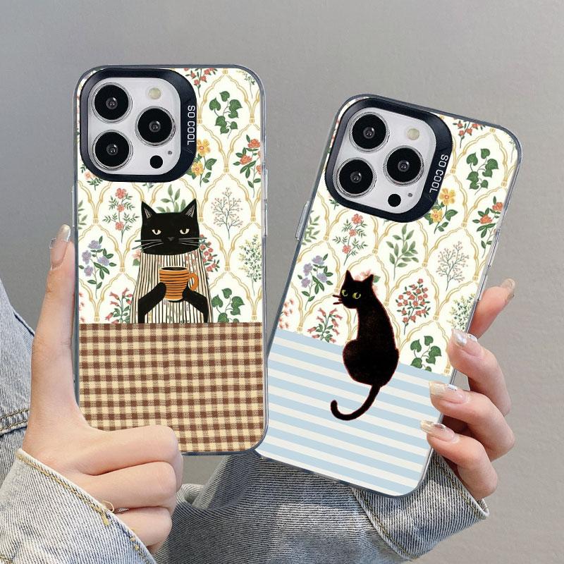 Striped Coffee Cat Laser Phone Case For iPhone 17 16 Pro Max 15 14 Pro Max Plus 13 Mini 12 11 Pro Max Shockproof Black Covers