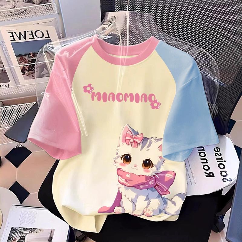T-shirt Stampata con Grafica di Gatto Cartone Animato per Ragazza Estiva Casual da Donna per Bambini a Maniche Corte Abbigliamento