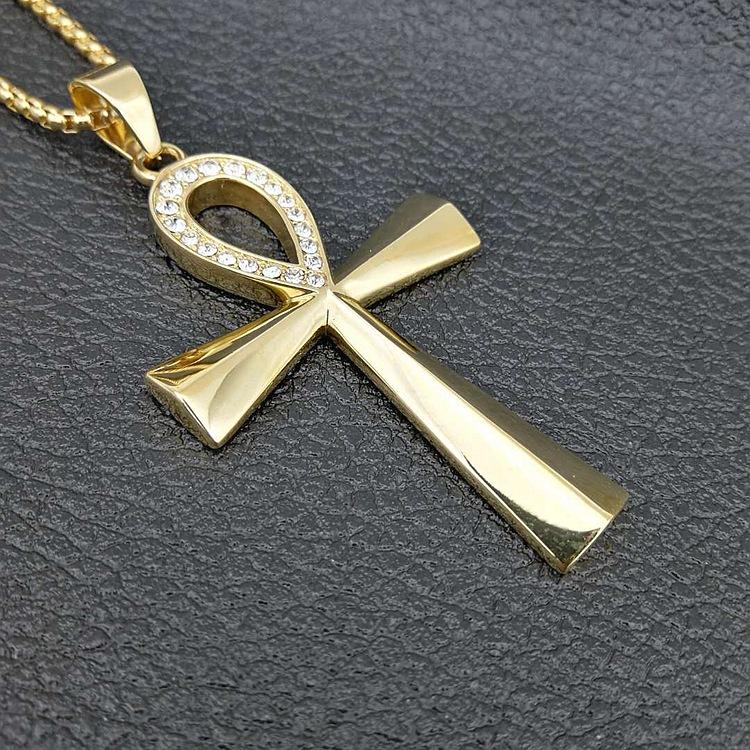 Hip Hop Silver/ Gold/ Black Color 316L Stainless Steel with Zircon Character of Life Cross Pendant Necklace Men's Jewelry