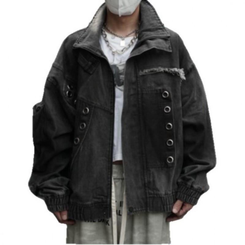 Distressed Metal Button Denim Jacket With Raw Hem Deconstructed Design Streetwear Oversized Collar Workwear Style