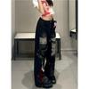 Women's Wide-Leg Ripped Jeans - Y2K Inspired, Loose-Fit, Black/Gray Straight High-Street Style