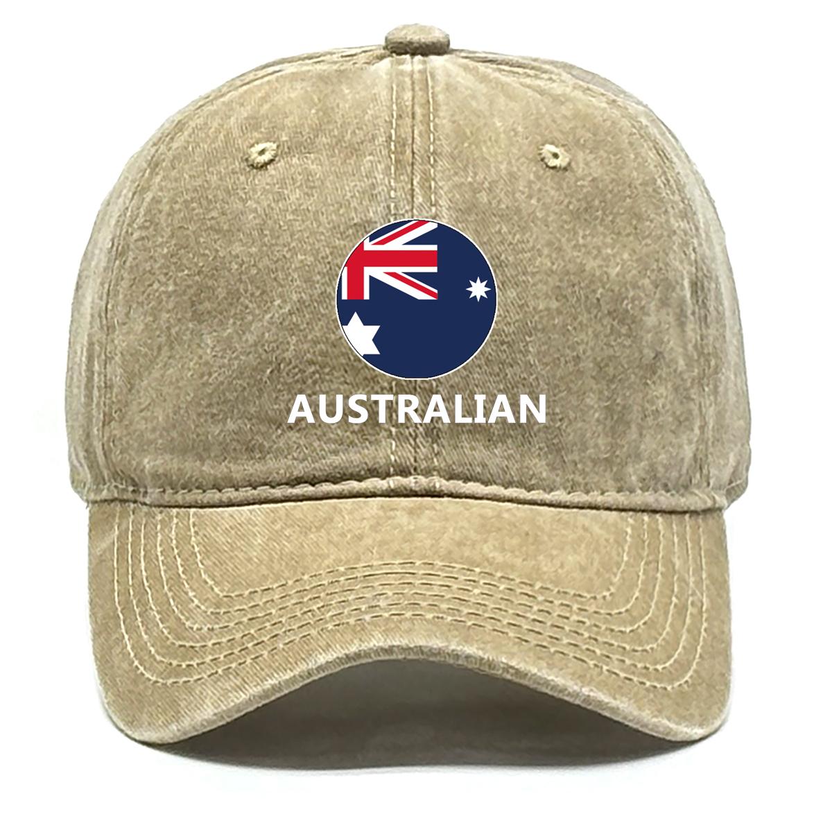

Round Flag of Australia Print Snapback Sun Hat, Patriotic AUSTRALIAN Mesh Hat Vintage-Inspired Solid Color as the picture хаки