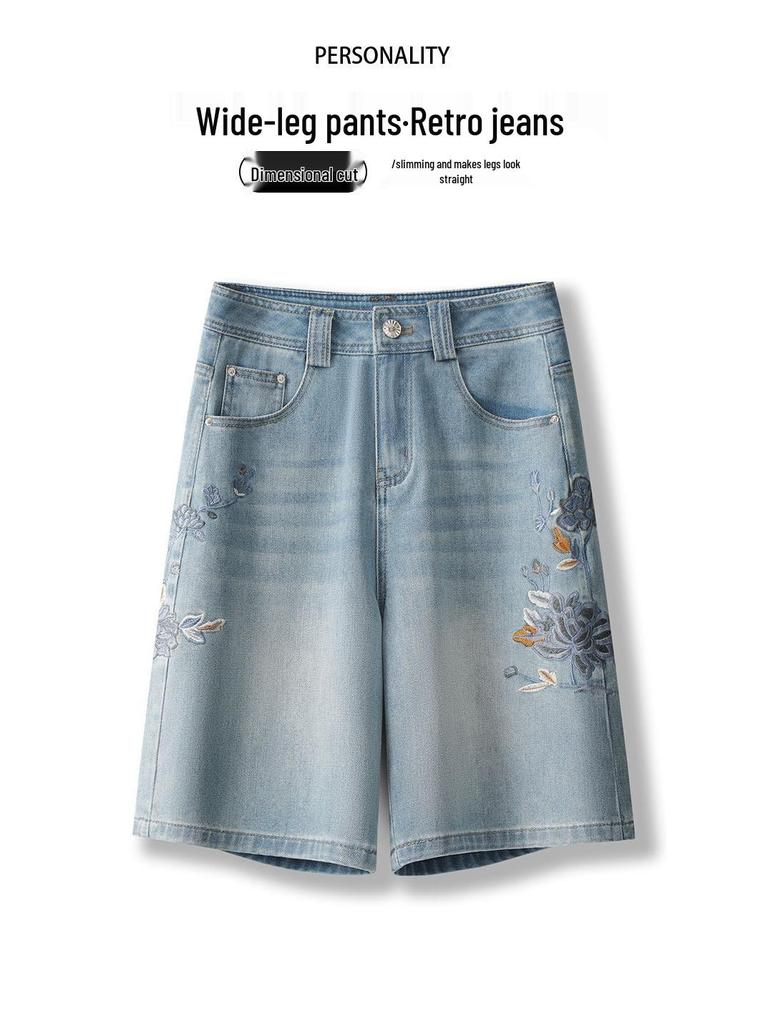 2025 Damen Bestickte Denim Shorts - Schlankmachend, Lockere Passform, Gerades Bein, Weitbeinige Hose