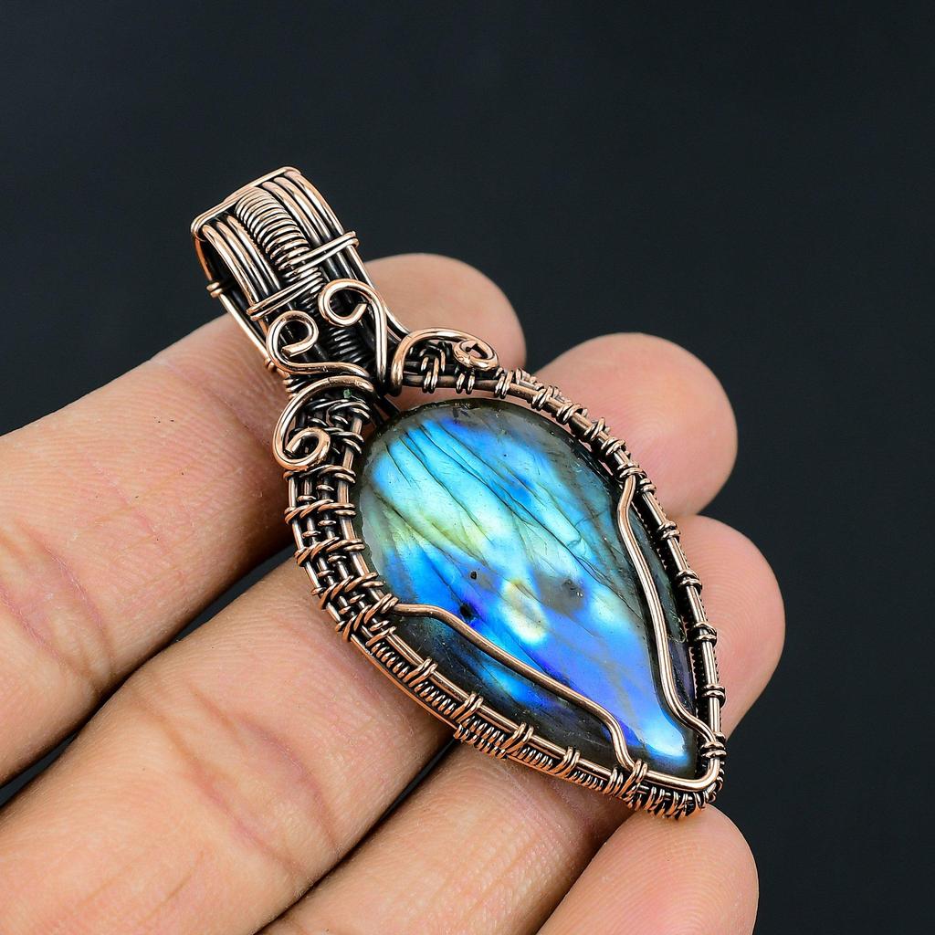 Handmade Copper Wire Wrapped Labradorite Pendant Necklace - Natural Blue Flash Gemstone Jewelry Unique Boho Statement Gift for Her