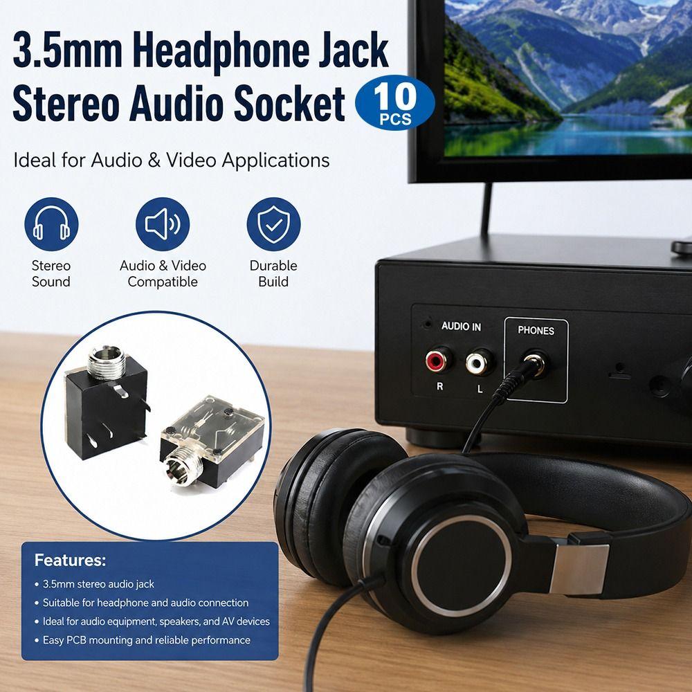 10Pcs With Nut 3.5mm Headphone Socket 5Pin Stereo Audio Jack  for Audio Video Socket