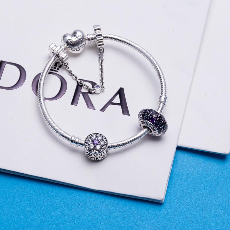 Pandora Purple Sparkling Glazed Forget-Me-Not Flower Safety Chain 925 Silver Bracelet Women's PAND00050-OP