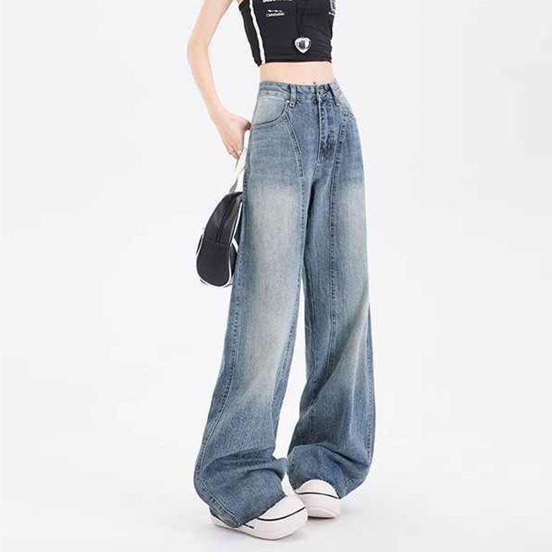 Comfortable High Waist Straight Draped Loose Large Yardage Vintage Aged Wide Leg Jeans Design Sense Trousers Jeans for Women Long Denim Pants